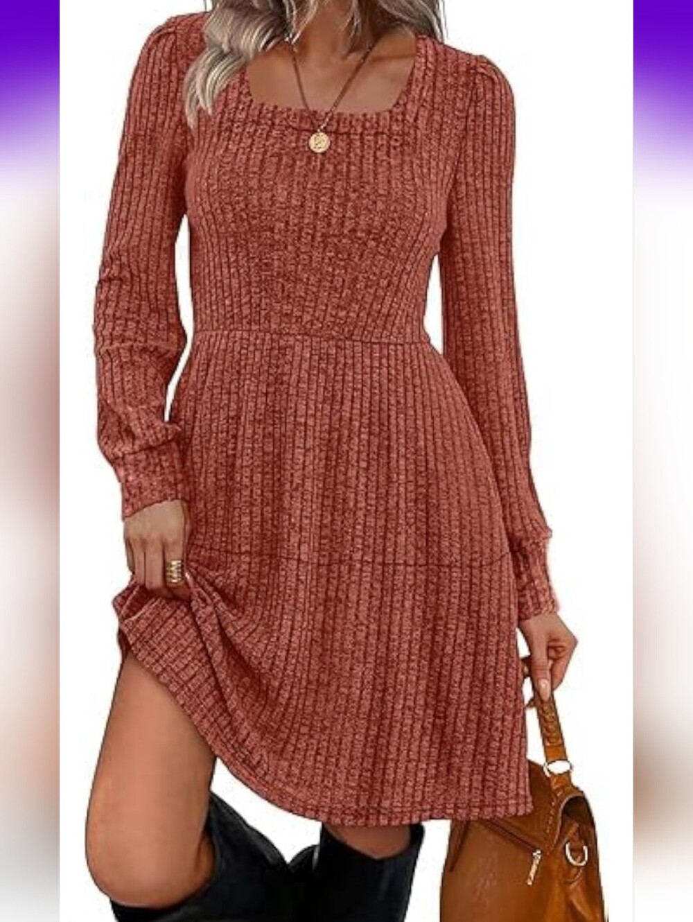 Women's Rust Ribbed Knit Long Sleeve Dress With Pockets